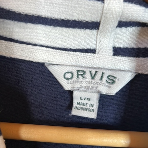 Orvis Navy Stripe Raglan Sleeve Hooded Pullover Cozy Hoodie Size Large - Picture 7 of 11